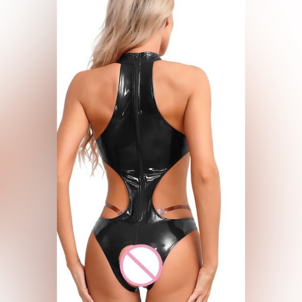 NWT Ghallas Goth Open Cup Leather Bodysuit, size Small - Picture 3 of 7